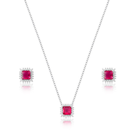 Conjunto Prata c/ Ródio Zircônia Quadrada Rubi c/ Borda Cravejada 8mm