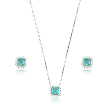 Conjunto Prata c/ Ródio Zircônia Quadrada Turmalina c/ Borda Cravejada 8mm