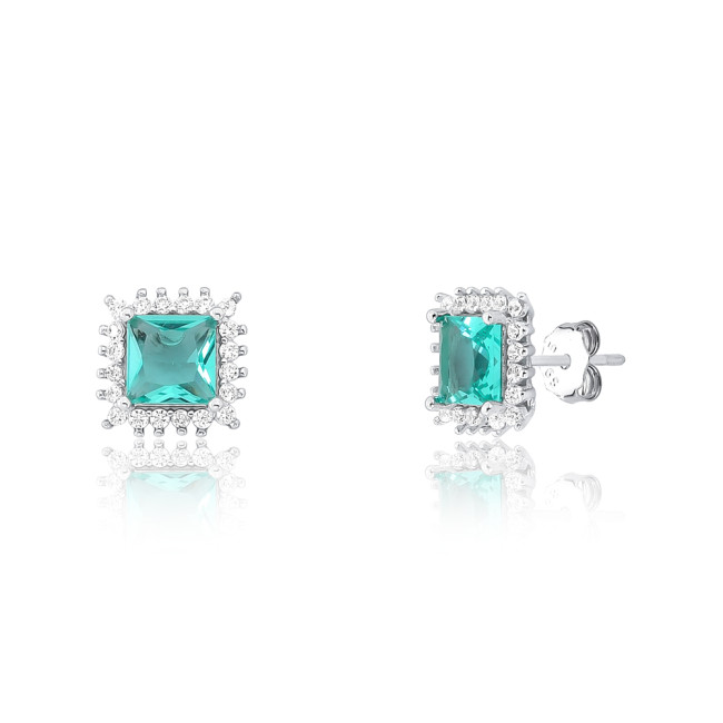 Conjunto Prata c/ Ródio Zircônia Quadrada Turmalina c/ Borda Cravejada 8mm