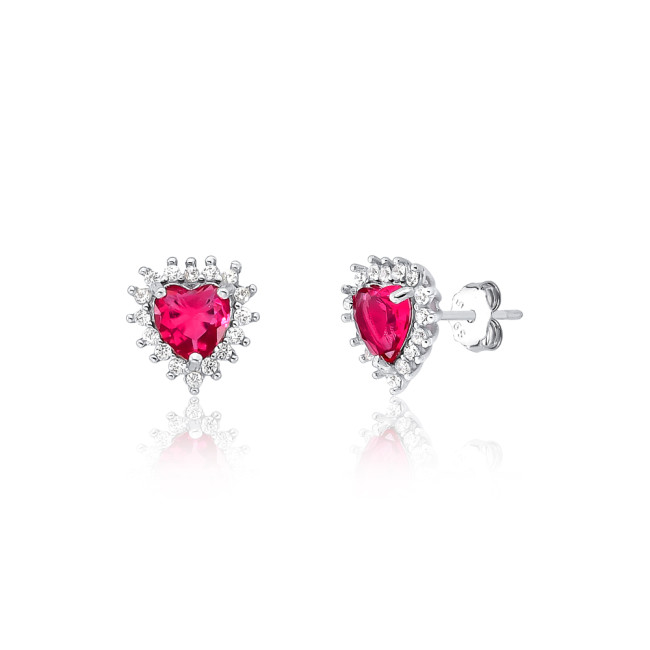 Conjunto Prata c/ Ródio Zircônia Coração Rubi c/ Borda Cravejada 8mm