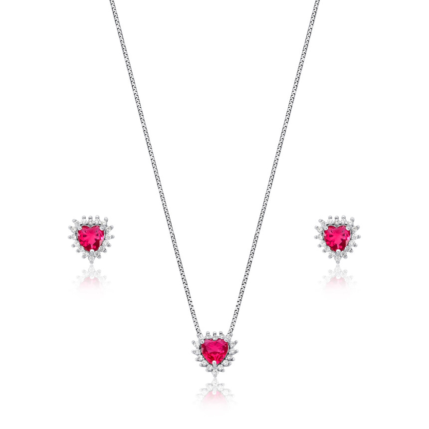 Conjunto Prata c/ Ródio Zircônia Coração Rubi c/ Borda Cravejada 8mm