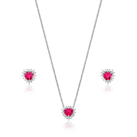 Conjunto Prata c/ Ródio Zircônia Coração Rubi c/ Borda Cravejada 8mm