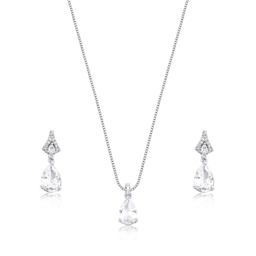Conjunto Prata c/ Ródio Zircônia Suspensa Gota c/ Base Cravejada