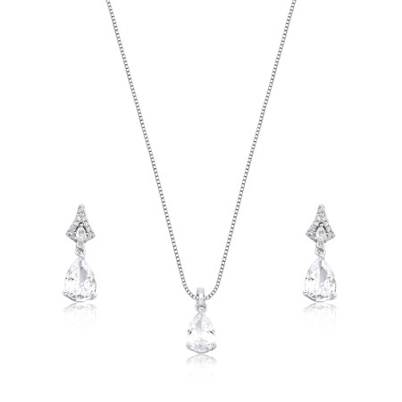 Conjunto Prata c/ Ródio Zircônia Suspensa Gota c/ Base Cravejada