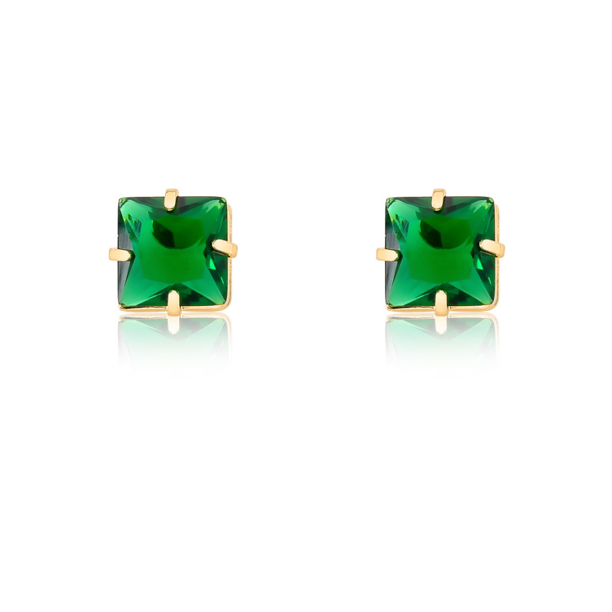 Brinco Quadrado Zircônia Esmeralda 10mm Folheado a Ouro 18k
