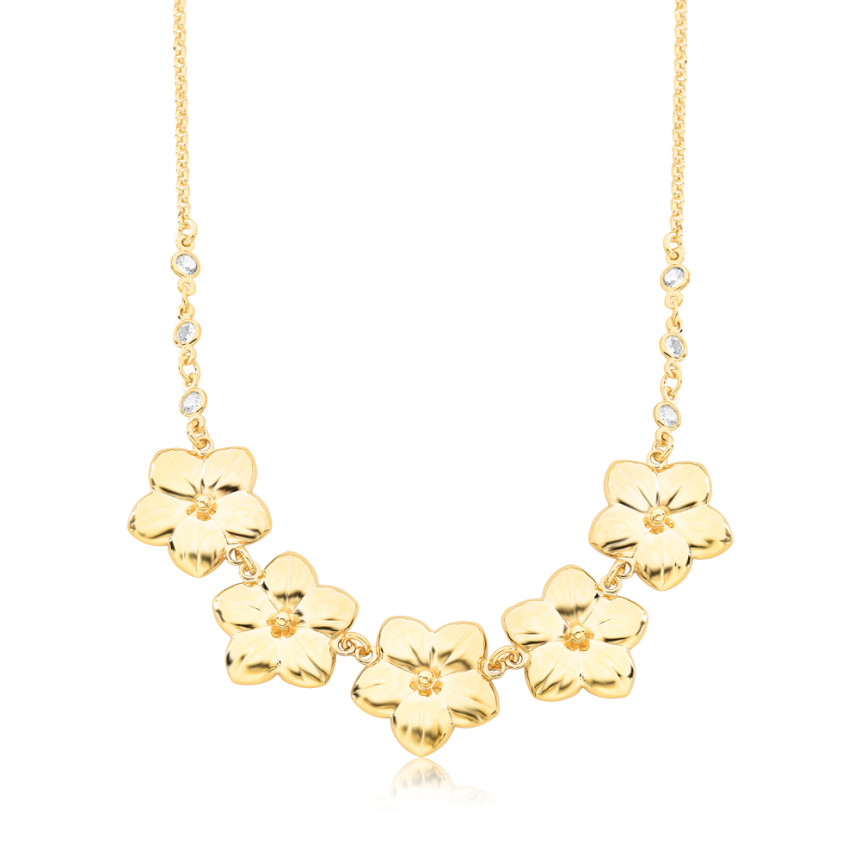 Gargantilha 5 Flores Lisas e Pontos Luz Folheada a Ouro 18k