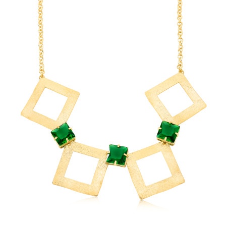 Colar c/ Quadrados Vazados e Zircônias Esmeraldas Folheada a Ouro 18k