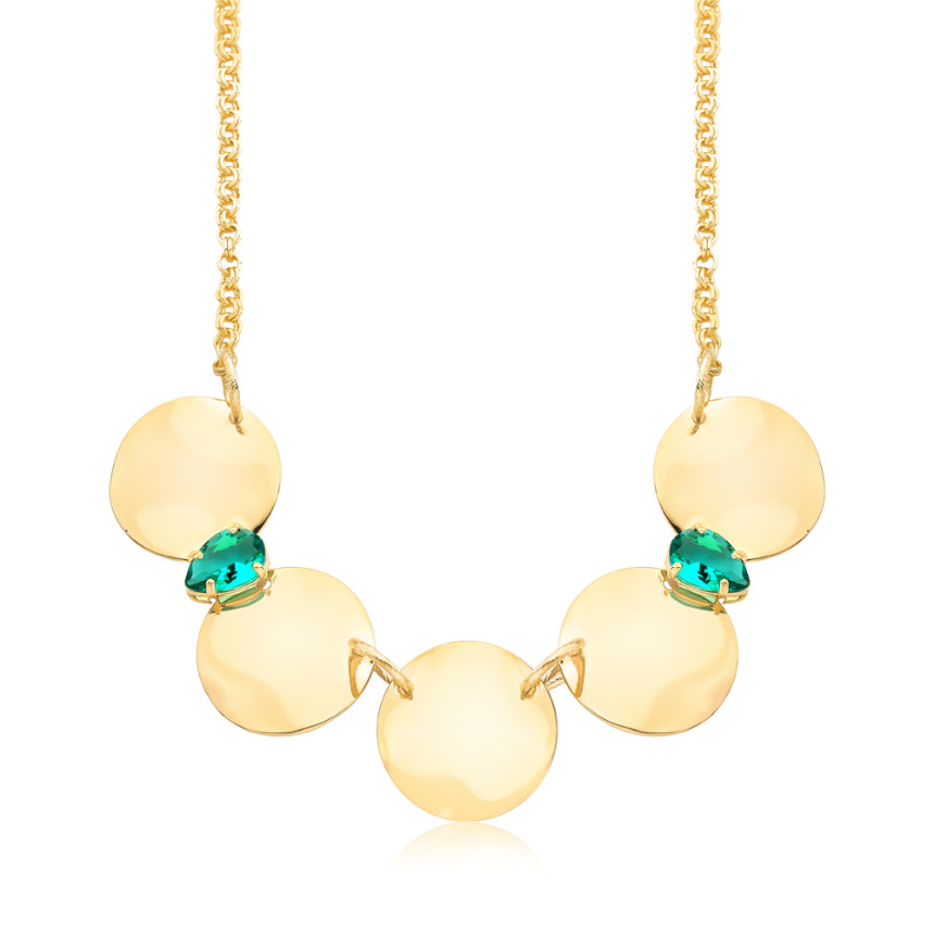 Colar c/ Medalhas Lisas e Zircônias Gota Verde Paraíba Folheada a Ouro 18k