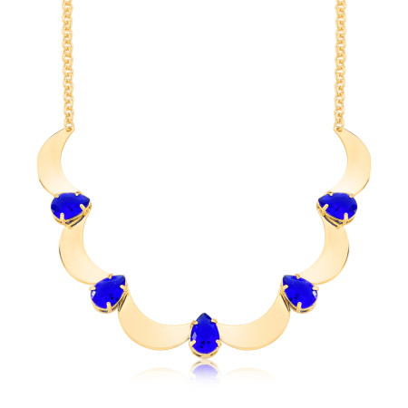 Colar c/ Meia Luas Lisas e Zircônias Gotas Safiras Folheada a Ouro 18k