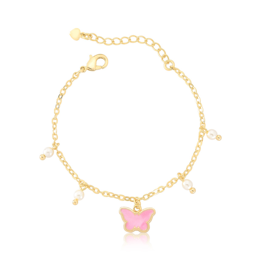 Pulseira Infantil Borboleta Rosa e Pérolas Folheada a Ouro 18k