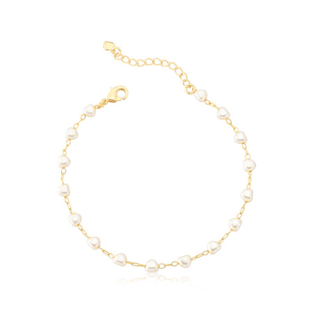 Pulseira Pérolas Corações Folheada a Ouro 18k