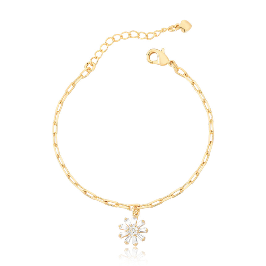 Pulseira Infantil Sol Cravejado Zircônia Baguete Folheada a Ouro 18k