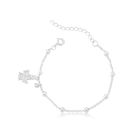 Pulseira Prata Infantil Anjo Cravejado e Bolinhas Lisas