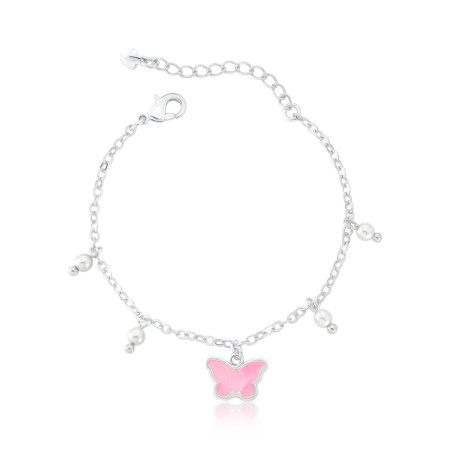 Pulseira Prata Leve Infantil Borboleta Rosa e Pérolas