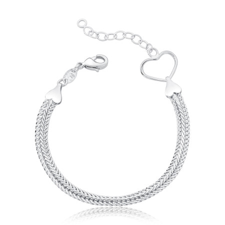Pulseira Prata Leve Grumet Achatada c/ Coração Liso Vazado