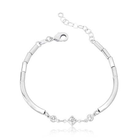 Pulseira Prata Leve Tubos Lisos c/ Zircônias Geométricas