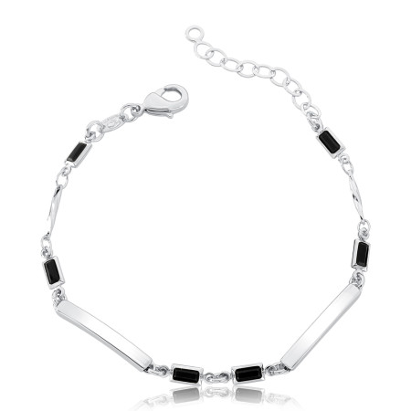 Pulseira Prata Leve c/ Zircônias Negras e Tubos quadrados