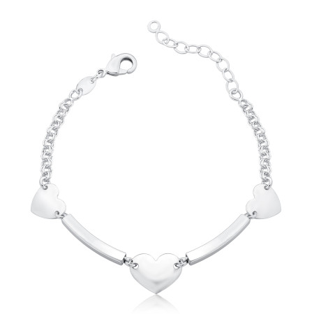 Pulseira Prata Leve Corações Lisos e Tubos Quadrados