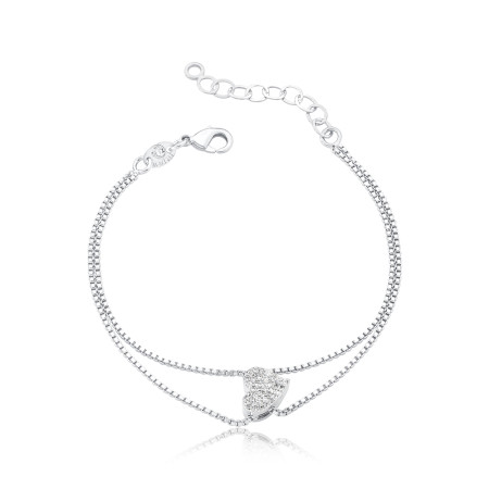 Pulseira Prata Leve Venezianas Entrelaçadas c/ Coração Central Cravejado
