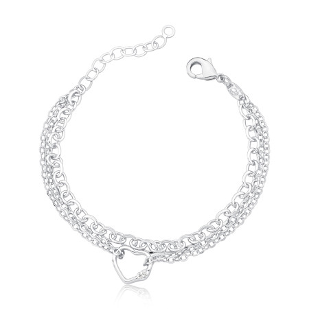 Pulseira Prata Leve Dupla Elos c/ Coração Central