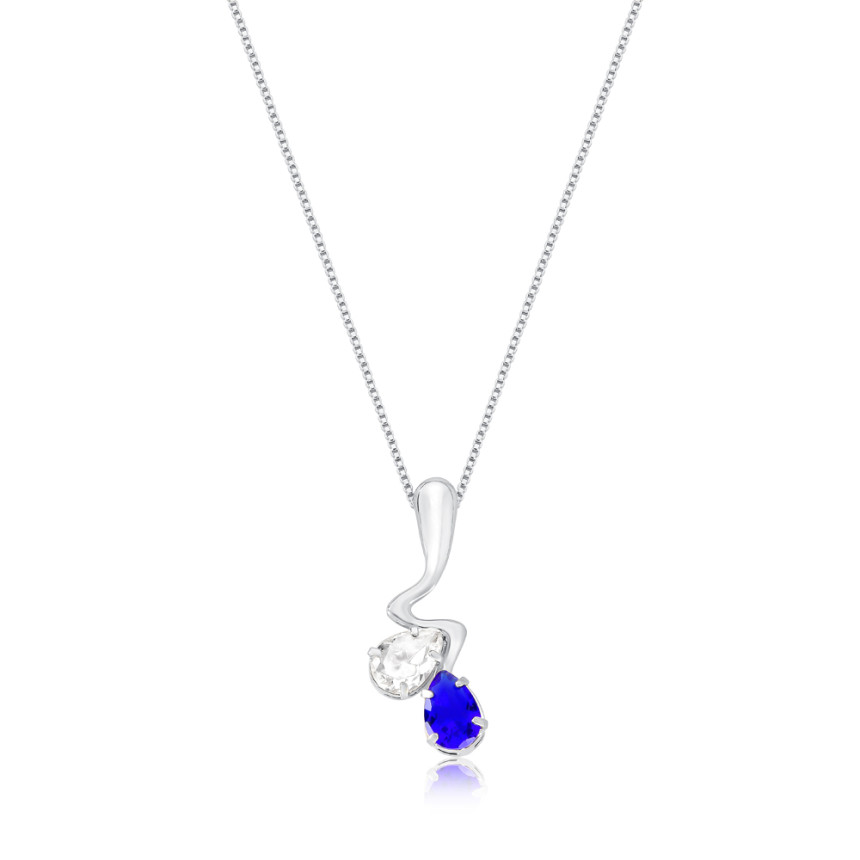 Gargantilha Prata Leve Gota Lisa e Zircônia Gota Cristal e Azul