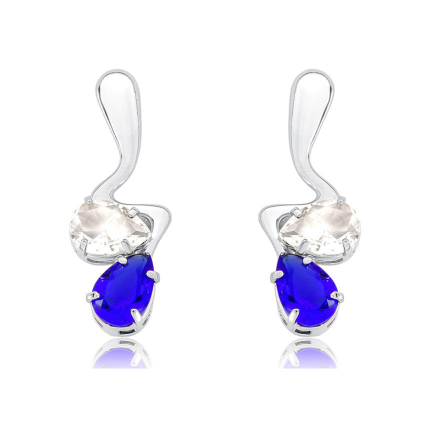 Brinco Prata Leve Gota Lisa e Zircônia Gota Cristal e Azul