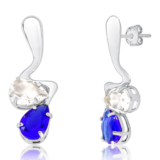 Brinco Prata Leve Gota Lisa e Zircônia Gota Cristal e Azul