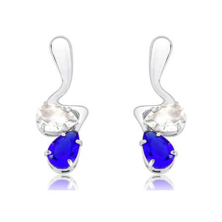 Brinco Prata Leve Gota Lisa e Zircônia Gota Cristal e Azul
