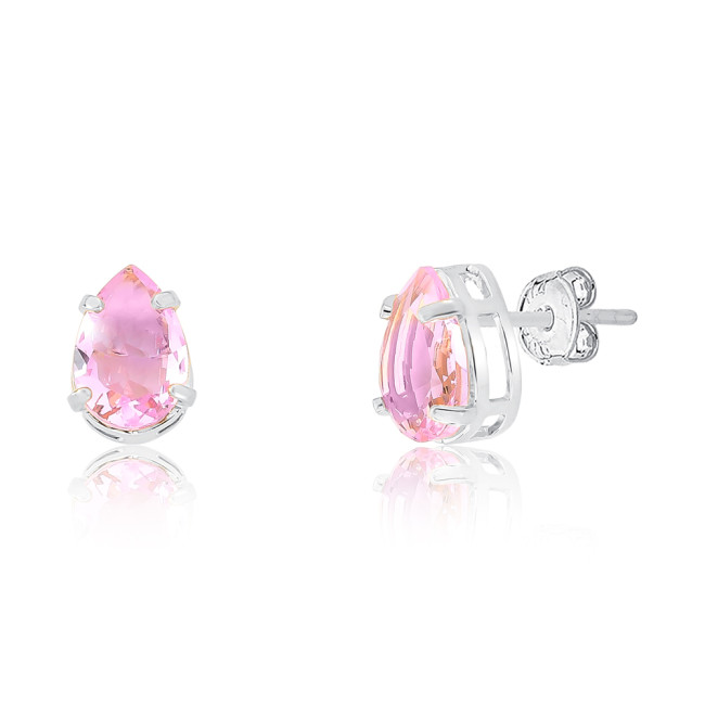 Brinco Prata Leve Fixo Zircônia Gota Rosa