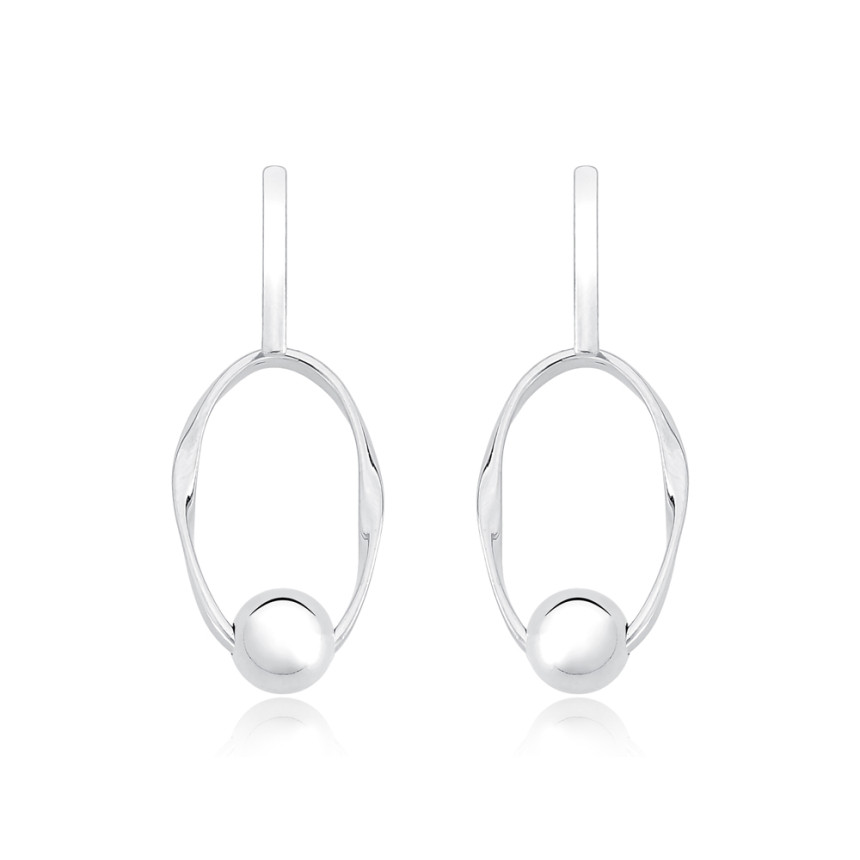 Brinco Prata Leve Oval Vazado c/ Esfera Lisa