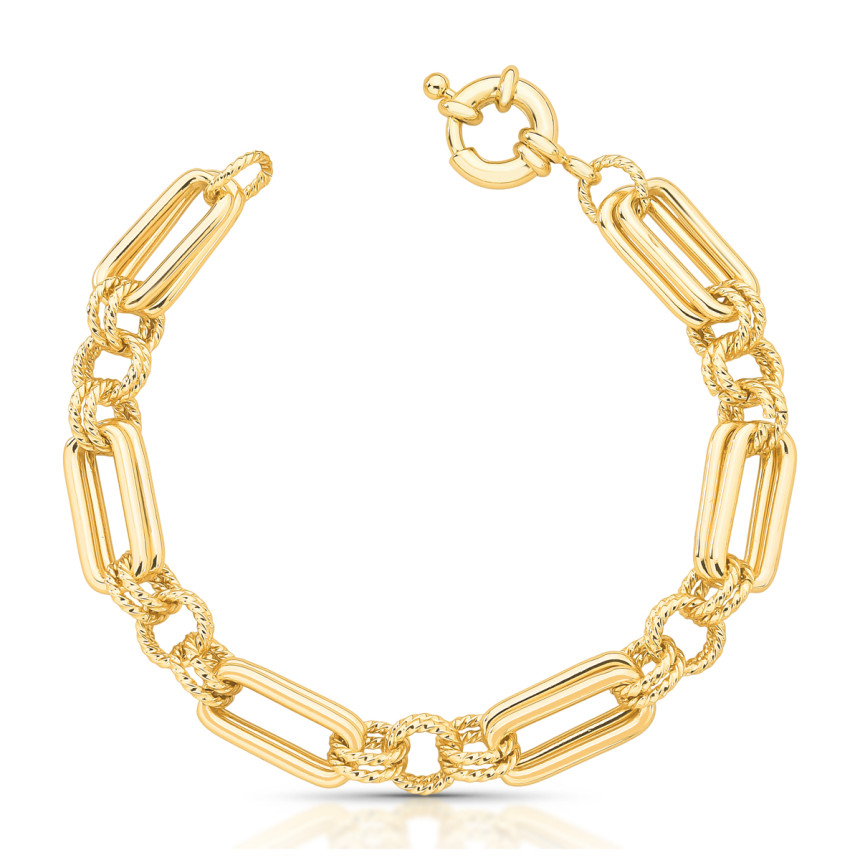 Pulseira Elos Duplos Lisos e Trabalhados Fecho Mola Folheada a Ouro 18k