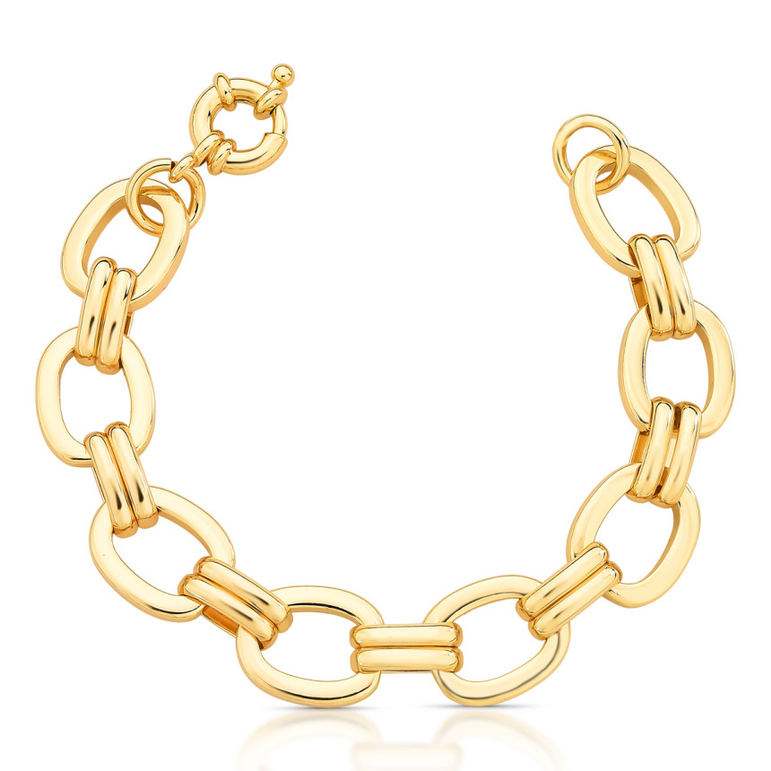 Pulseira Elos Ovais Lisos Fecho Mola Folheada a Ouro 18k