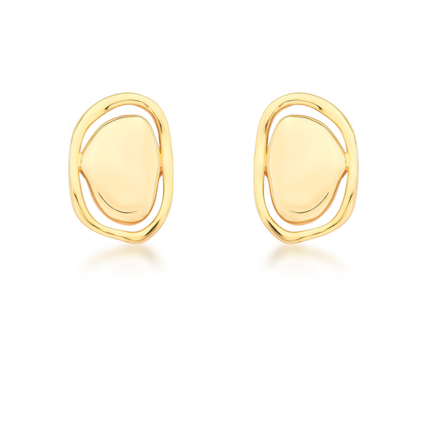 Brinco Fixo Melt Vazado Oval Efeito "Amassado" Liso Folheado a Ouro 18k