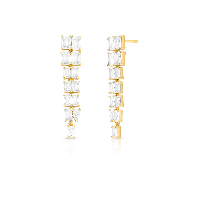 Brinco Dois Fios de Zircônias Rivieras Retangulares Folheada a Ouro 18k