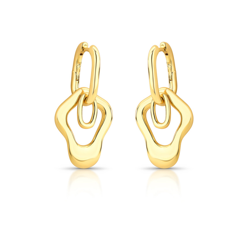 Brinco Argola Retangular Click c/ Pingente Melt Efeito "Amassado" Folheado a Ouro 18K