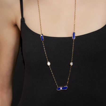 Colar Melt c/ Pedras Lápis Lazúlli e Madrepérola 80cm Folheado a Ouro 18k