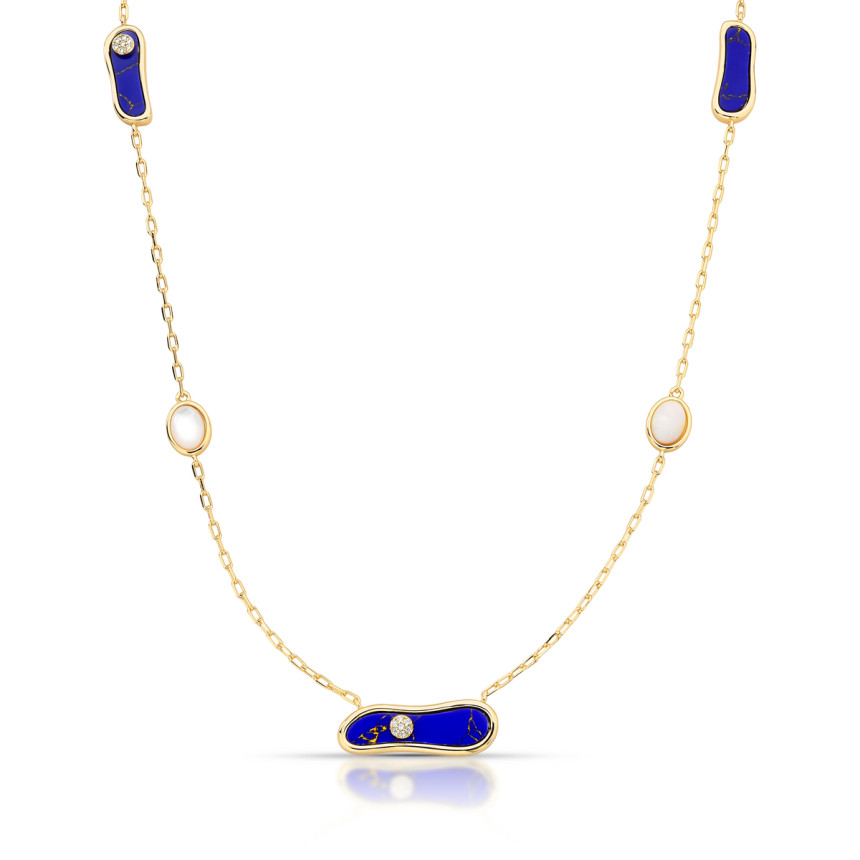 Colar Melt c/ Pedras Lápis Lazúlli e Madrepérola 80cm Folheado a Ouro 18k