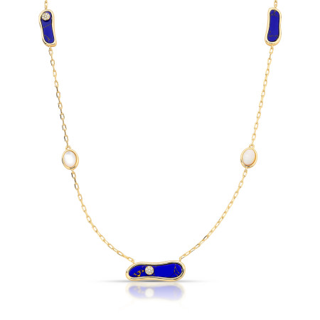 Colar Melt c/ Pedras Lápis Lazúlli e Madrepérola 80cm Folheado a Ouro 18k