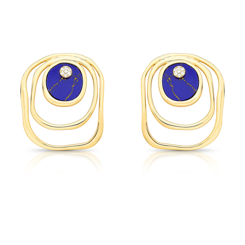 Brinco Melt Vazado Lápis Lazúlli c/ Detalhe Cravejado Folheado a Ouro 18k