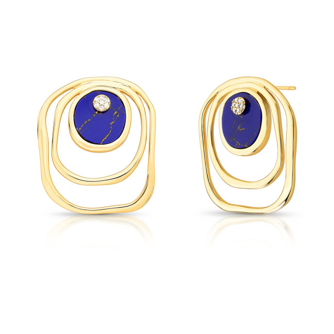 Brinco Melt Vazado Lápis Lazúlli c/ Detalhe Cravejado Folheado a Ouro 18k