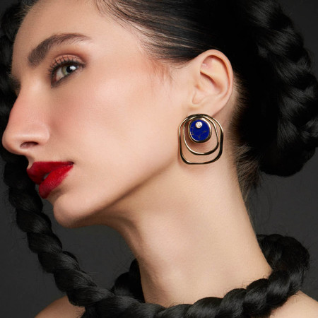 Brinco Melt Vazado Lápis Lazúlli c/ Detalhe Cravejado Folheado a Ouro 18k