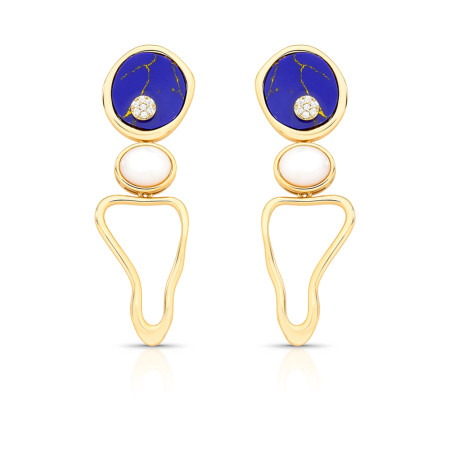 Brinco Melt Vazado Lápis Lazúlli c/ Detalhe Cravejado Folheado a Ouro 18k