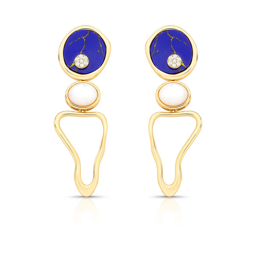 Brinco Melt Vazado Lápis Lazúlli c/ Detalhe Cravejado Folheado a Ouro 18k