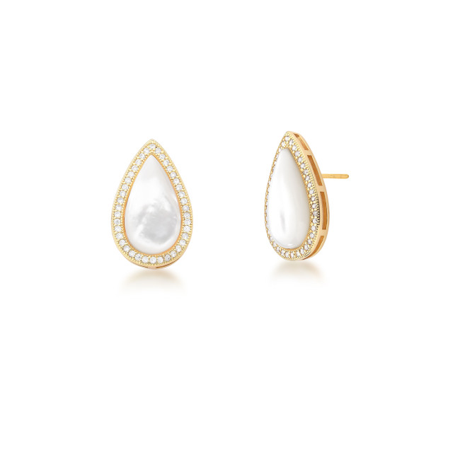 Brinco Gota Madrepérola Borda Cravejada Folheado a Ouro 18K