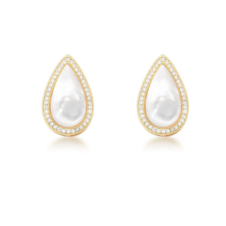 Brinco Gota Madrepérola Borda Cravejada Folheado a Ouro 18K