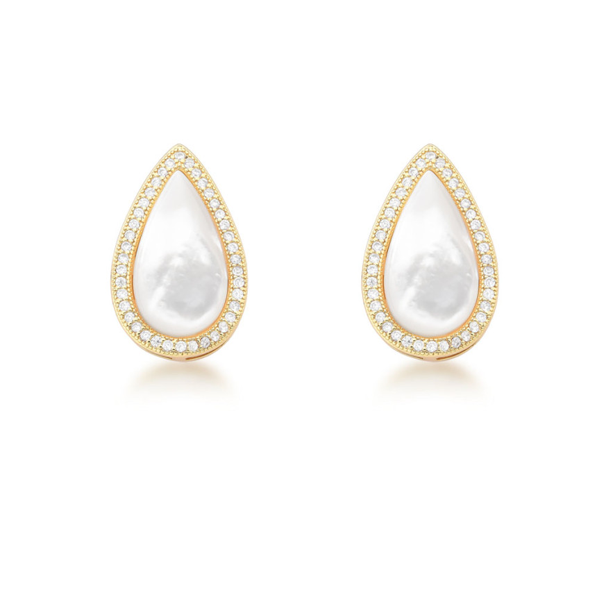 Brinco Gota Madrepérola Borda Cravejada Folheado a Ouro 18K