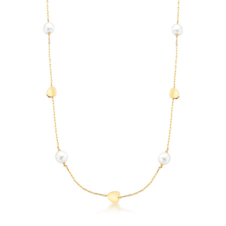 Colar Pérolas Shell e Corações Lisos 80cm Folheado a Ouro 18K