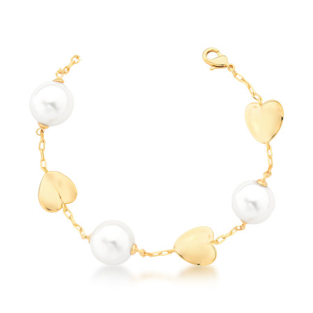 Pulseira c/ Pérolas Shell e Corações Lisos Folheada a Ouro 18K
