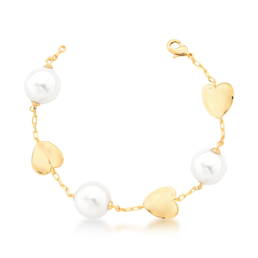 Pulseira c/ Pérolas Shell e Corações Lisos Folheada a Ouro 18K