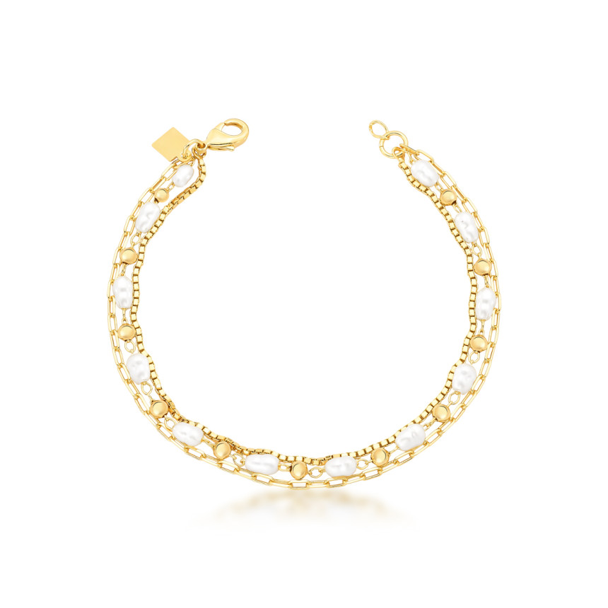 Pulseira 3 Fios Pérola Arroz Folheada a Ouro 18K